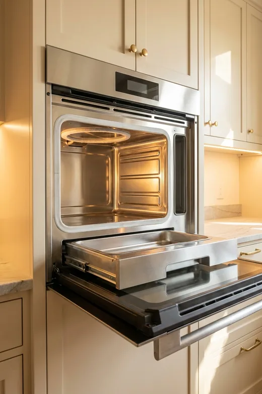 Thermador steam oven built into a tall cabinet, door open
