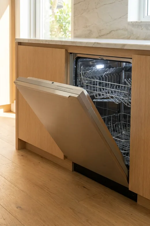 Miele integrated dishwasher behind a flush custom panel