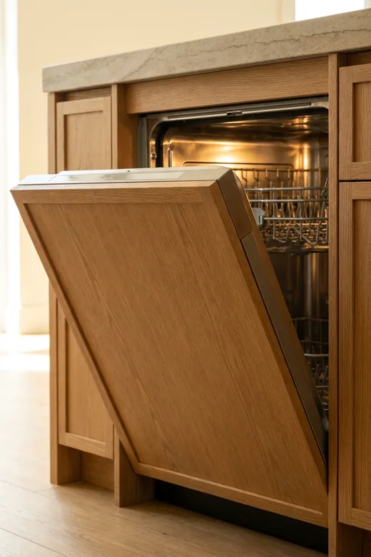 Cove dishwasher with its custom panel removed for service