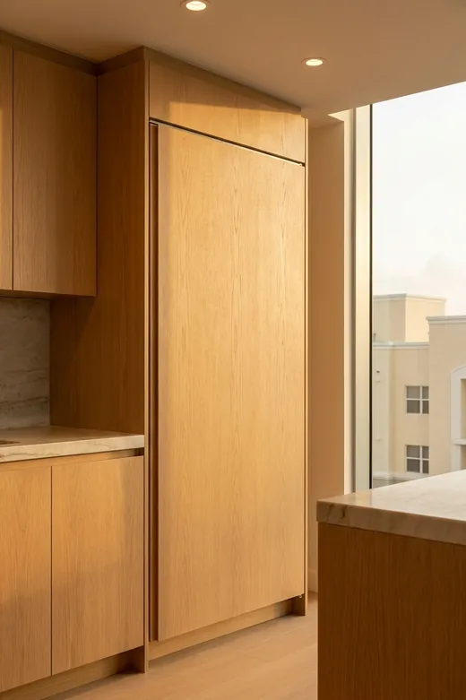 GE Monogram refrigeration column behind a panel-ready front